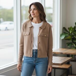 Tahari Scallop Collar Cardigan With Gold Buttons